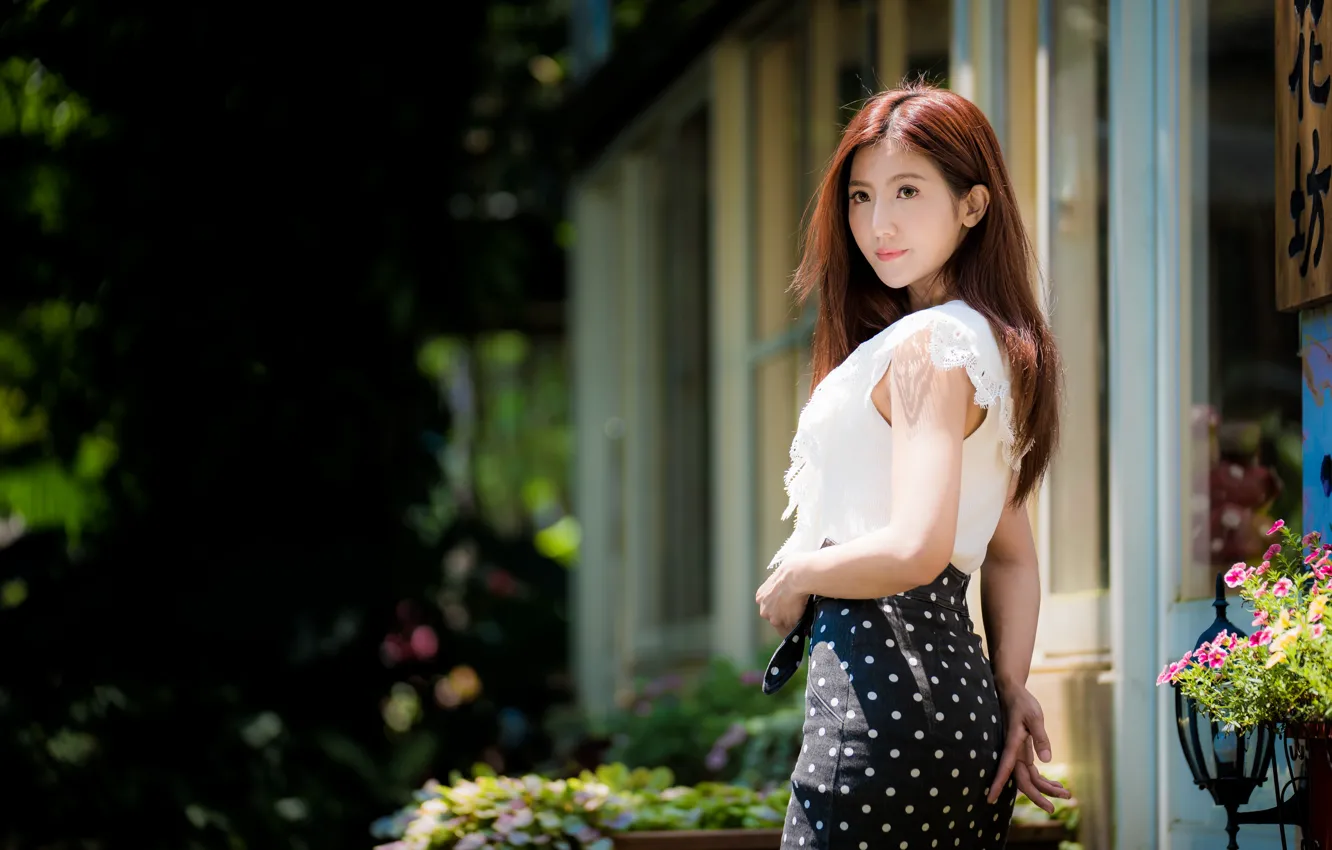 Photo wallpaper girl, skirt, blouse, brown hair, Asian, bokeh