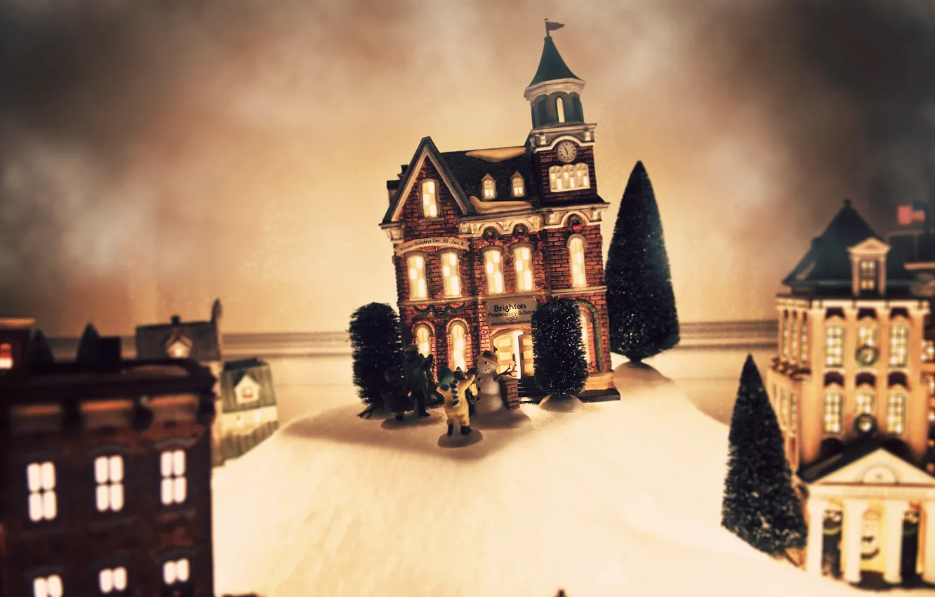 Photo wallpaper winter, holiday, toy, tree, tree, new year, Christmas, house