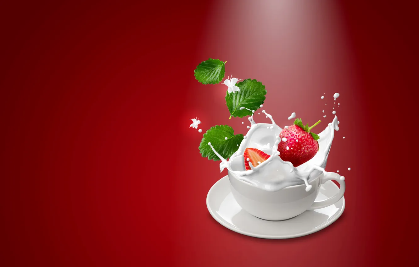 Photo wallpaper squirt, berries, background, splash, milk, strawberry, Cup