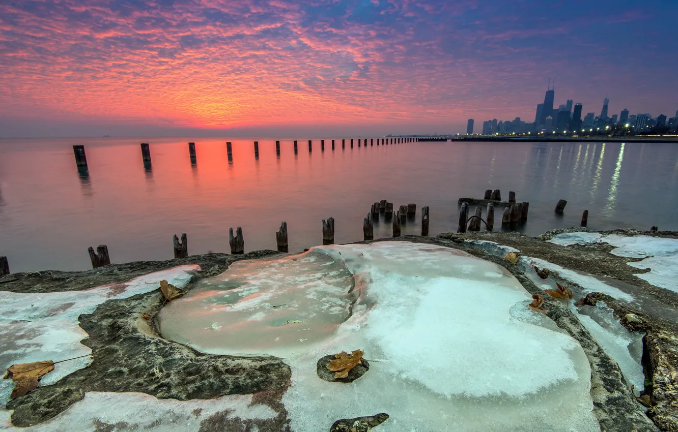 Photo wallpaper ice, Chicago, Beach, water, sunrise, Lake, Michigan, Fullerton