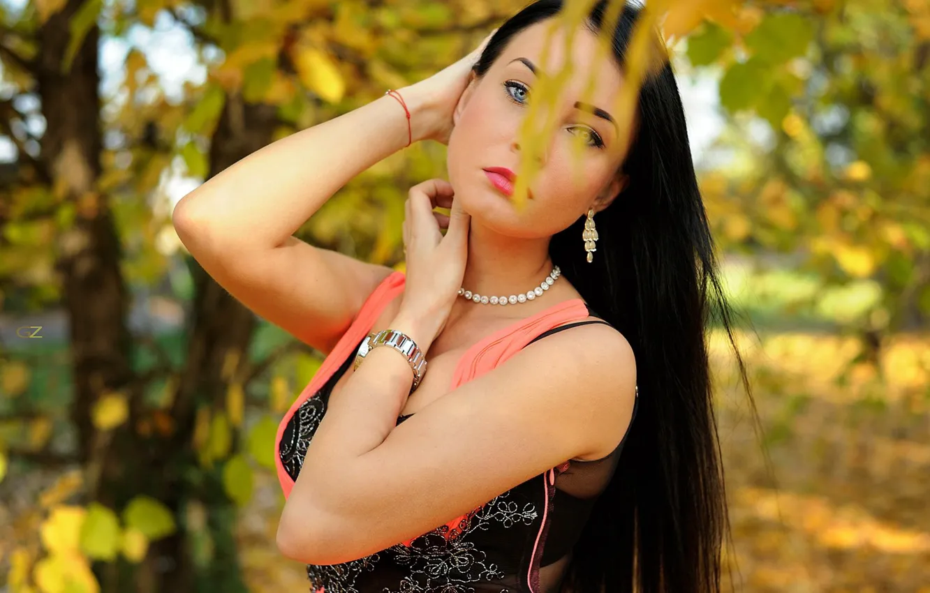 Photo wallpaper look, trees, model, portrait, makeup, brunette, hairstyle, nature