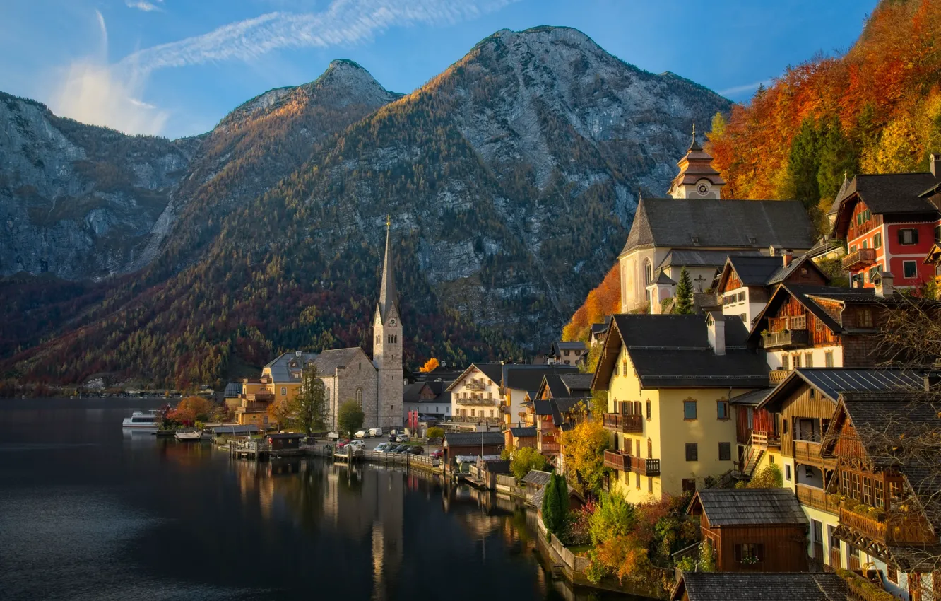 Photo wallpaper autumn, mountains, lake, building, home, Austria, Alps, Austria