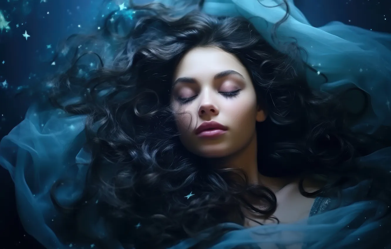Photo wallpaper girl, night, face, sleep, brunette, sleeping, fabric, lies