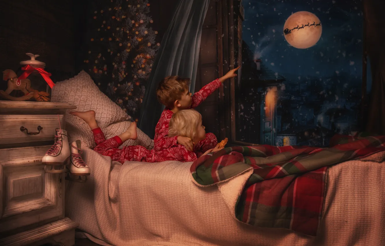 Photo wallpaper night, children, room, bed, window, Christmas, table, Lisowska Monika