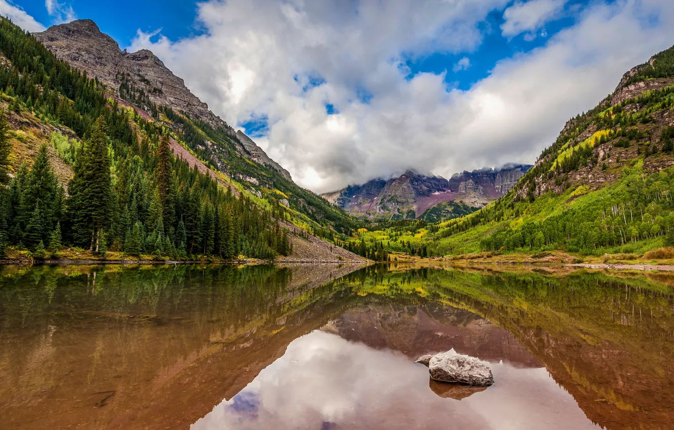 Photo wallpaper clouds, mountains, lake, USA, Maroon Bells