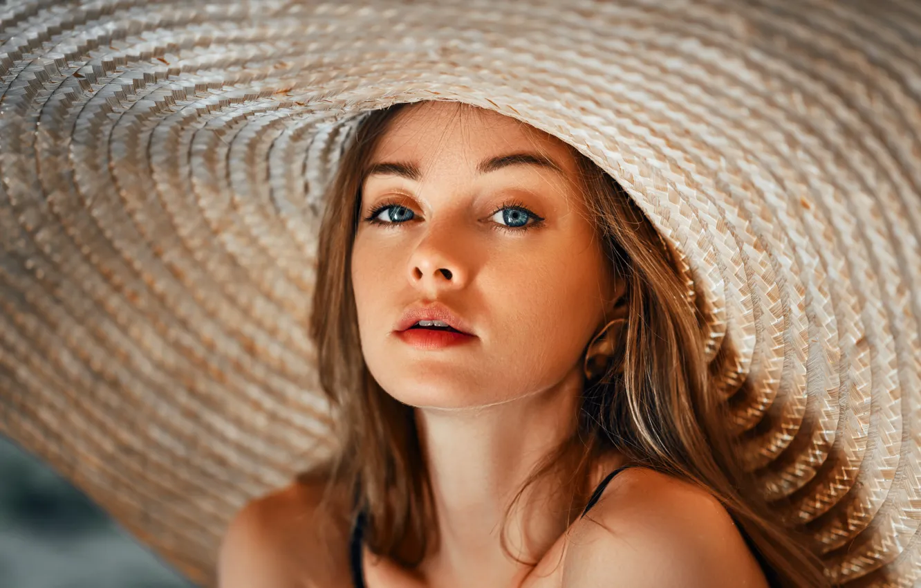 Photo wallpaper girl, portrait, hat, brown hair, shoulders, Nikolay Novikov
