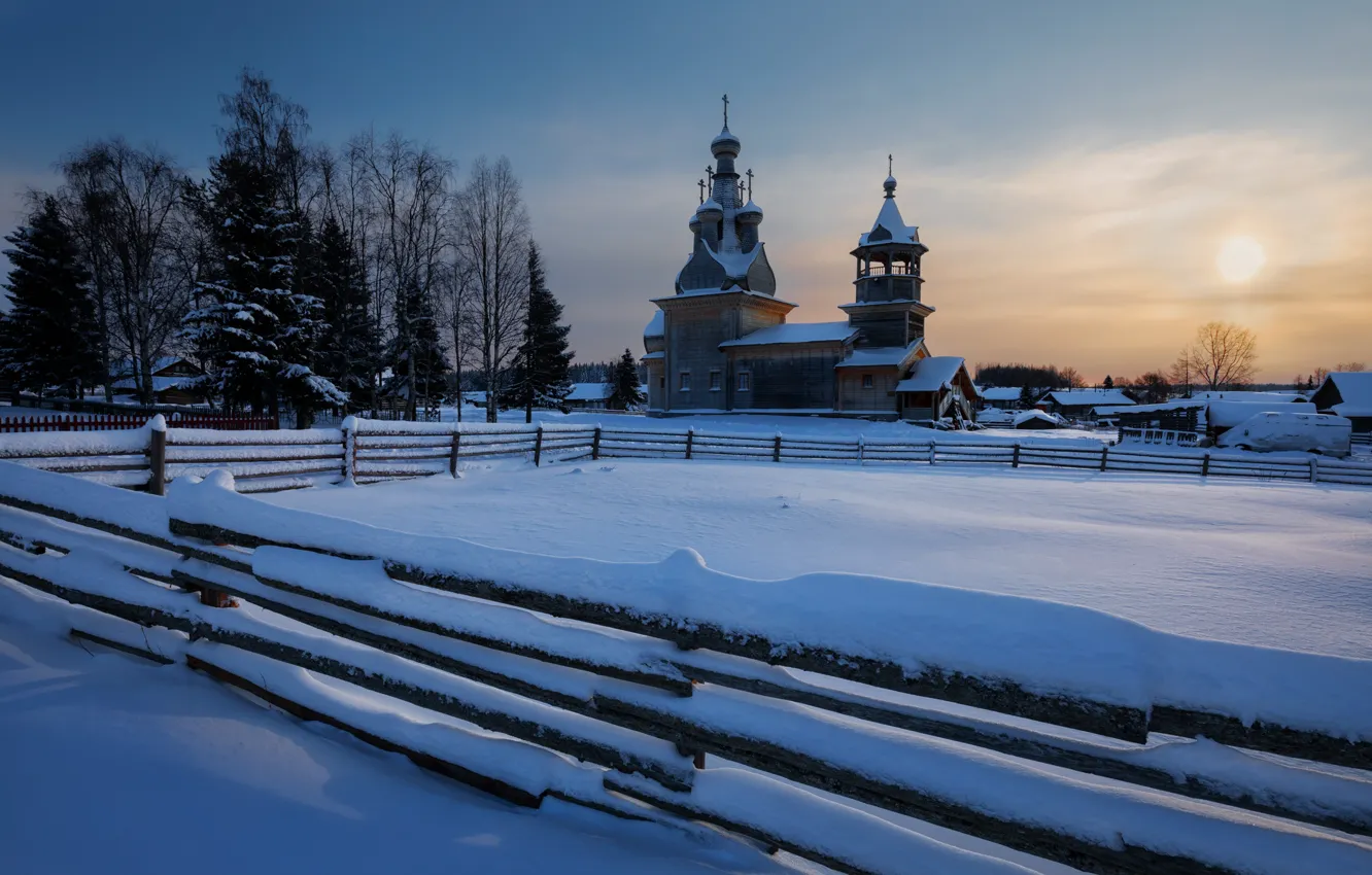 Photo wallpaper winter, snow, landscape, morning, the fence, Church