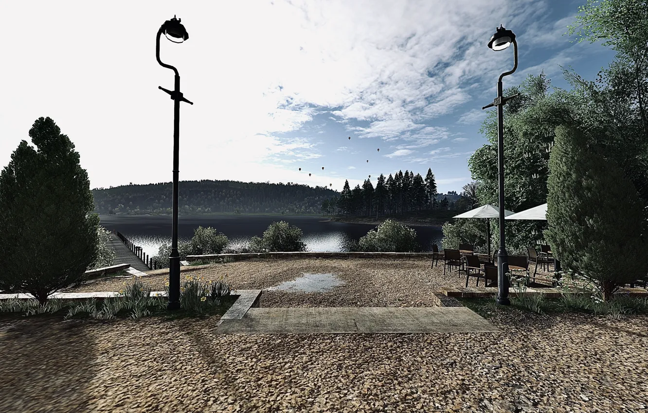 Photo wallpaper lights, HDR, game, sea, wood, tree, lamps, Footbridge