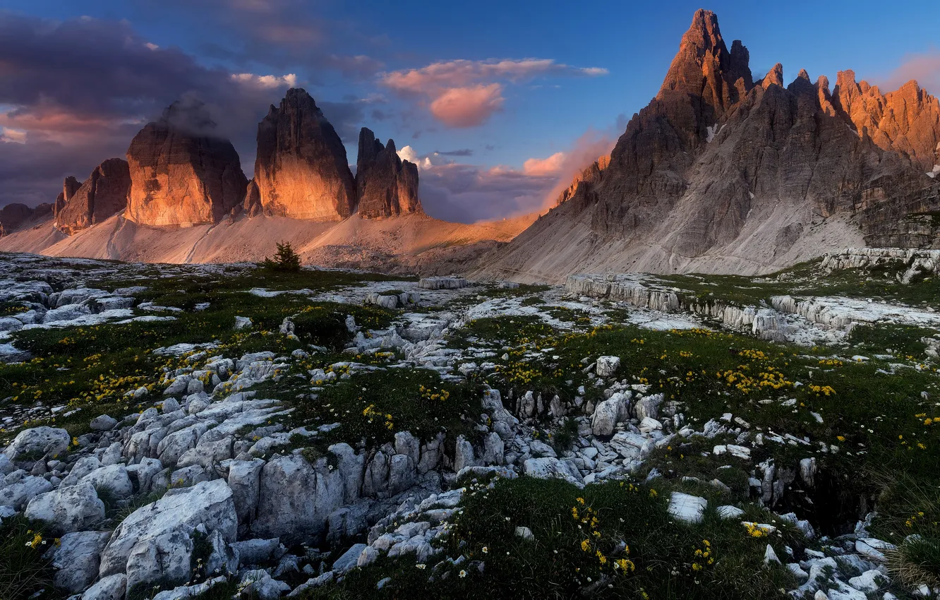 Photo wallpaper light, mountains, blue, stones, rocks, The Dolomites