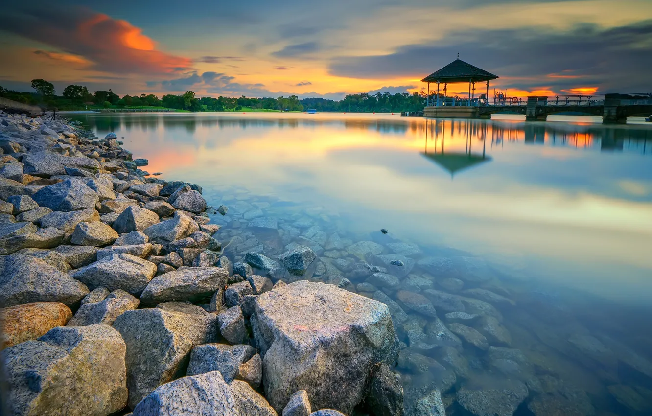 Photo wallpaper stones, Singapore, gazebo, reservoir