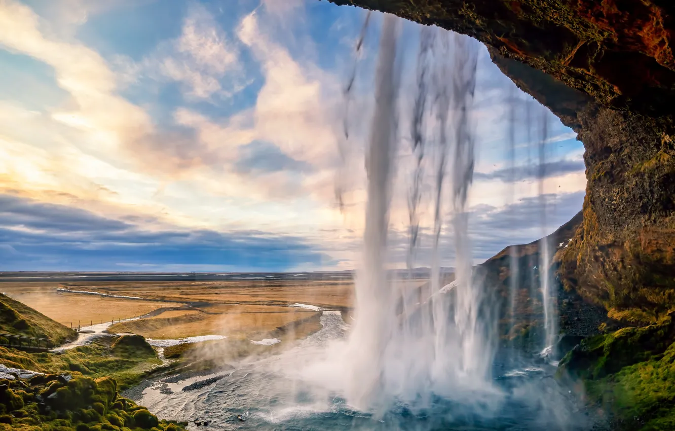 Photo wallpaper shore, waterfall, stream, Iceland