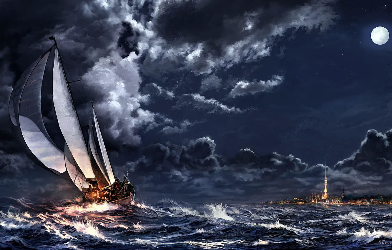 Photo wallpaper sea, clouds, night, clouds, storm, the city, the moon, ship