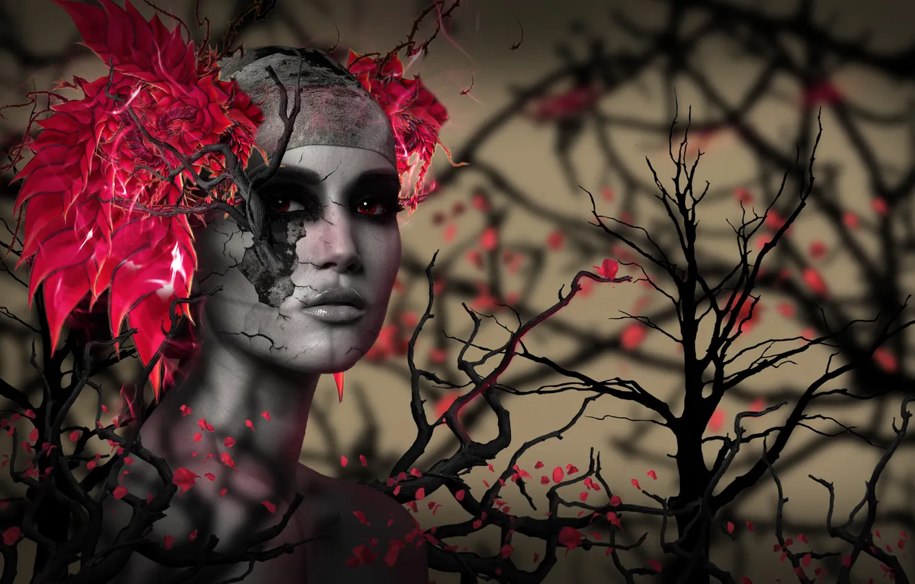 Photo wallpaper girl, roses, red eyes, tree branches
