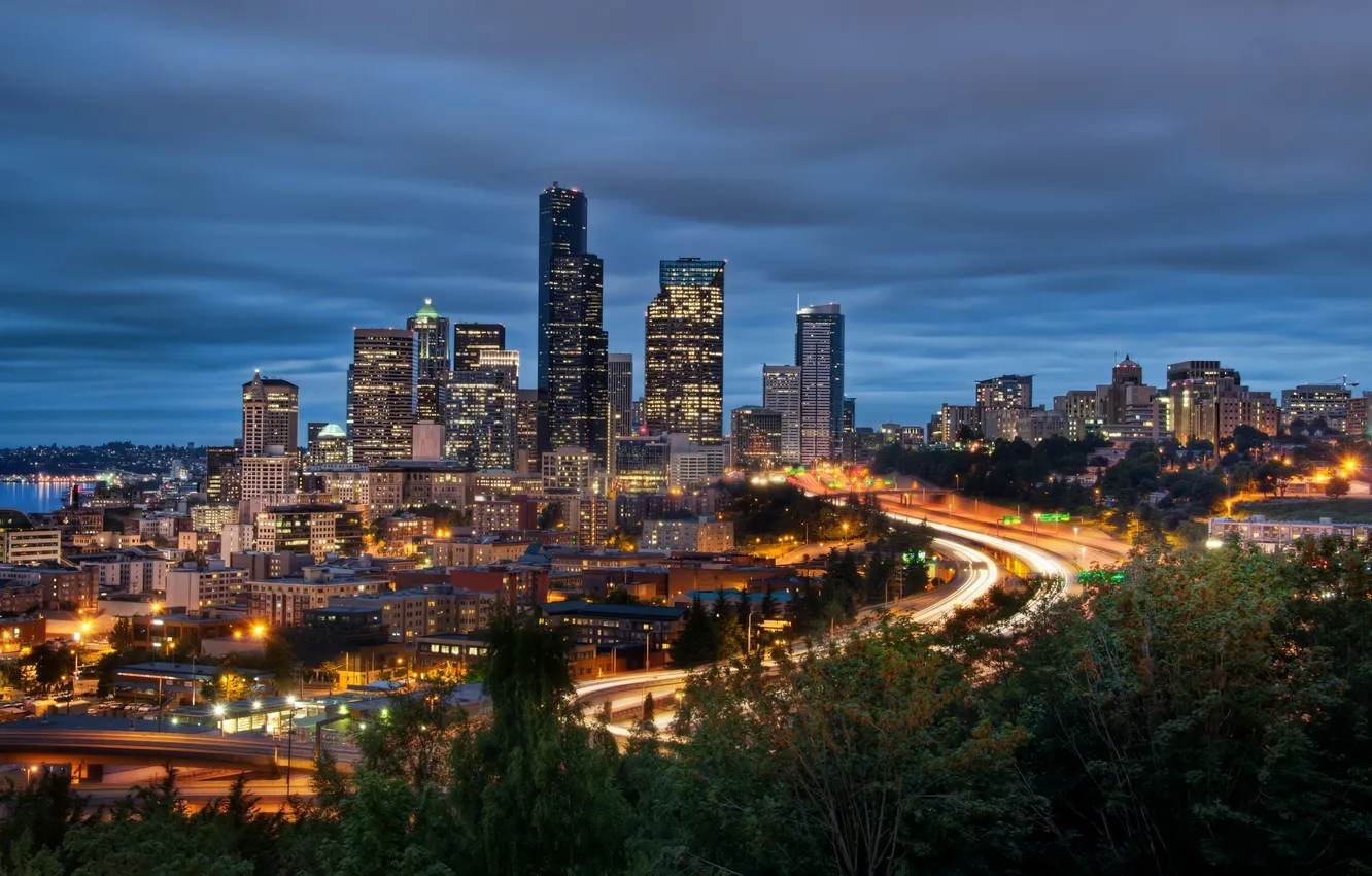 Photo wallpaper night, lights, Washington, Seattle, night, Downtown, Washington, Seattle