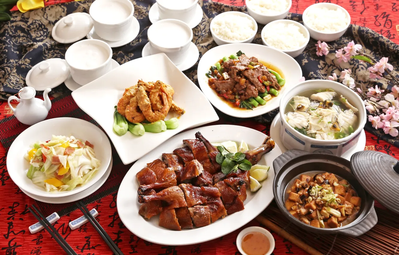 Photo wallpaper duck, soup, figure, dish, shrimp, Japanese cuisine