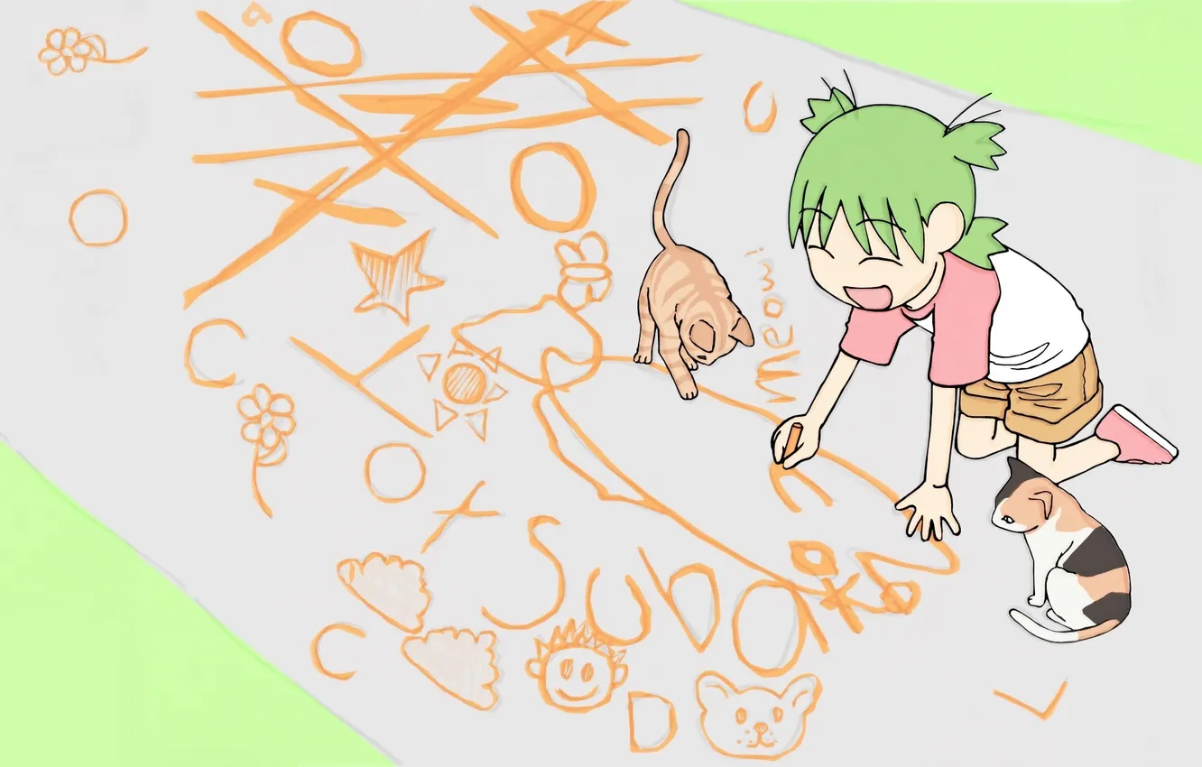 Photo wallpaper green hair, draws, crayons, on my knees, fun, on the pavement, Yotsubato, two cats