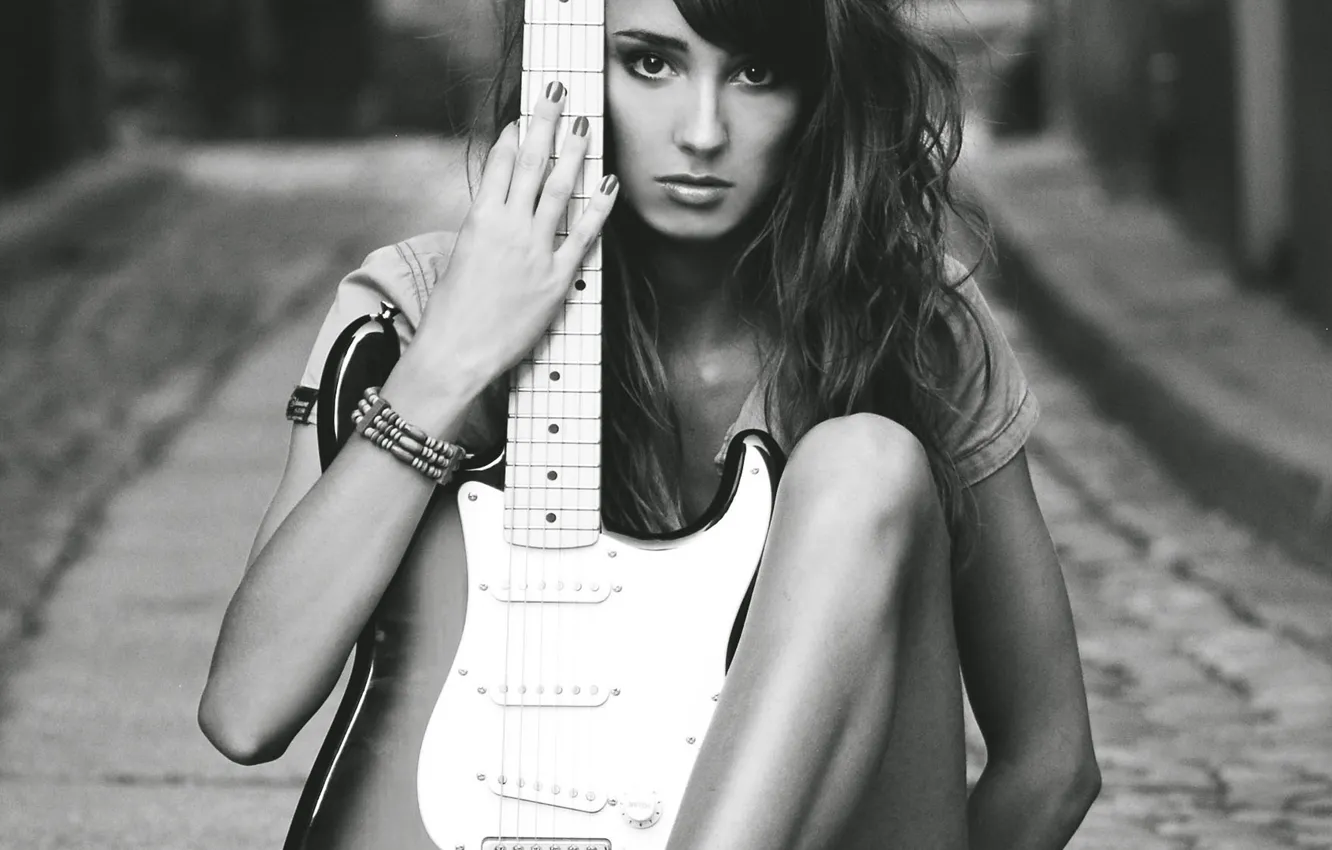 Photo wallpaper girl, guitar, beauty, black and white