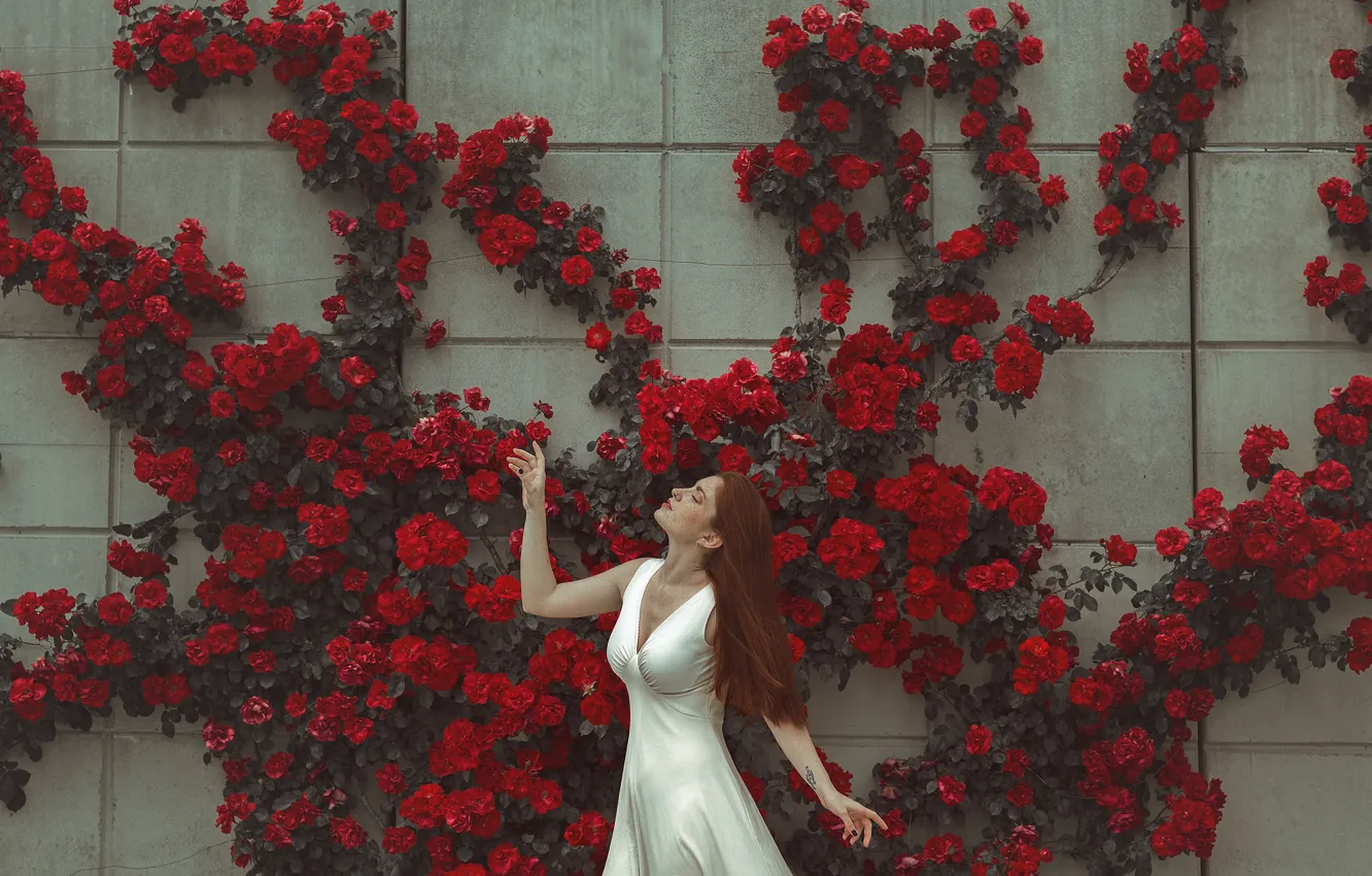 Photo wallpaper girl, flowers, face, pose, wall, dress
