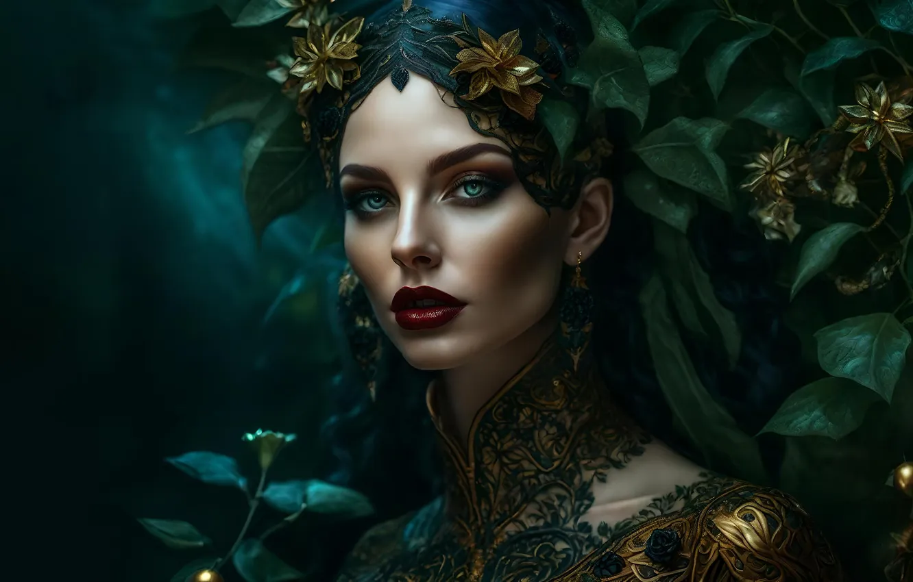 Photo wallpaper leaves, girl, makeup