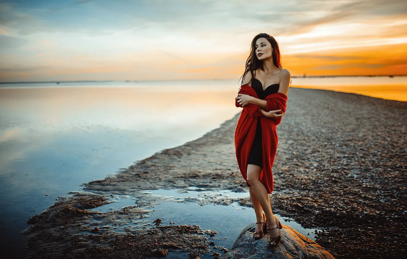 Photo wallpaper the sky, water, girl, sunset, pose, legs, Mikhail YEKIM