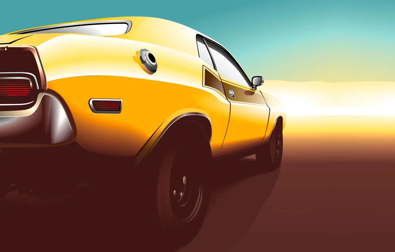 Photo wallpaper sunset, yellow, vector, Dodge, Challenger, muscle car, Dodge, yellow