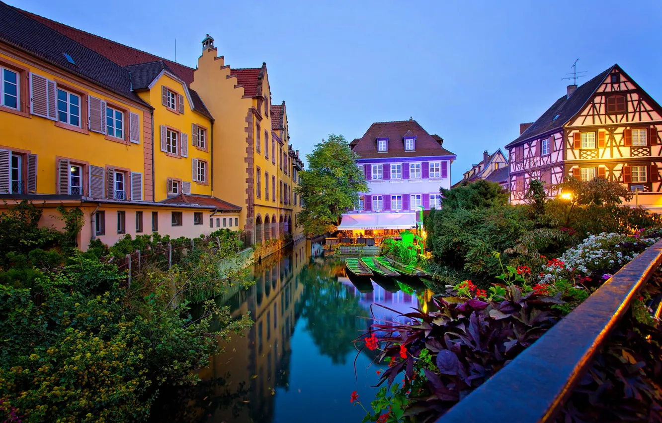 Photo wallpaper night, the city, boat, France, home, lighting, channel, Colmar
