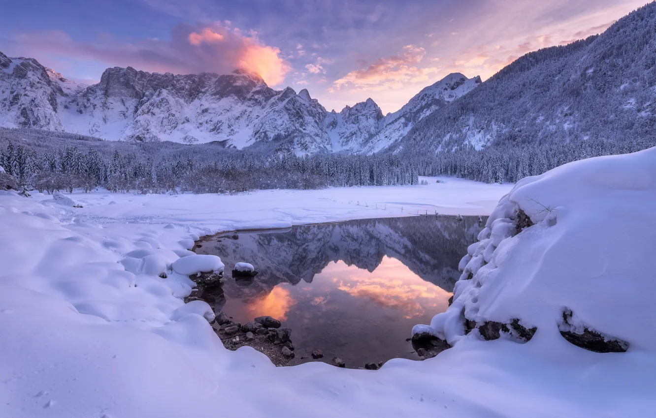 Photo wallpaper winter, forest, snow, sunset, mountains, lake, reflection, Italy