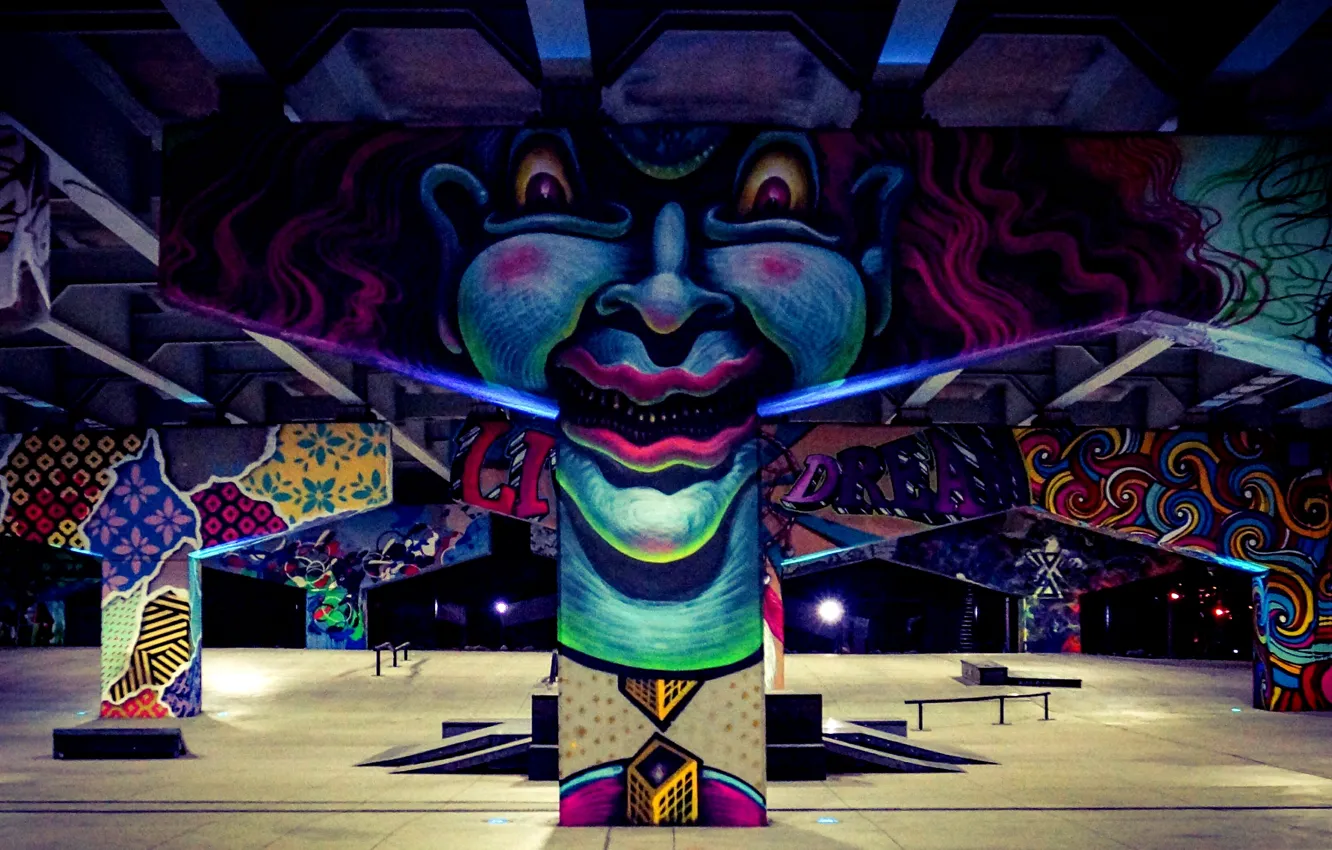 Photo wallpaper light, graffiti, clown, pilasters, skateboard Park, viaducts