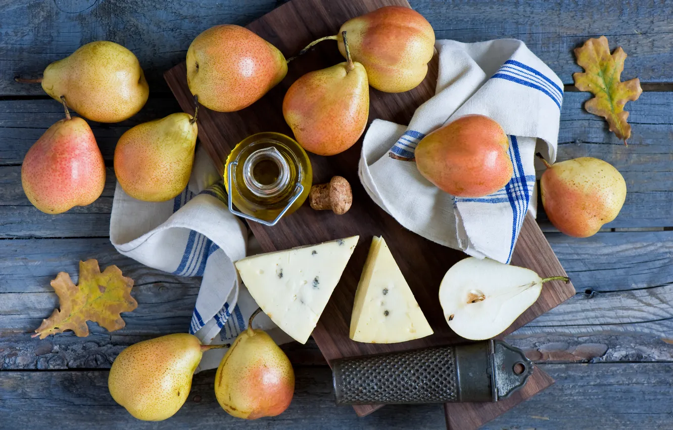 Photo wallpaper autumn, leaves, oil, cheese, Board, fruit, still life, pear