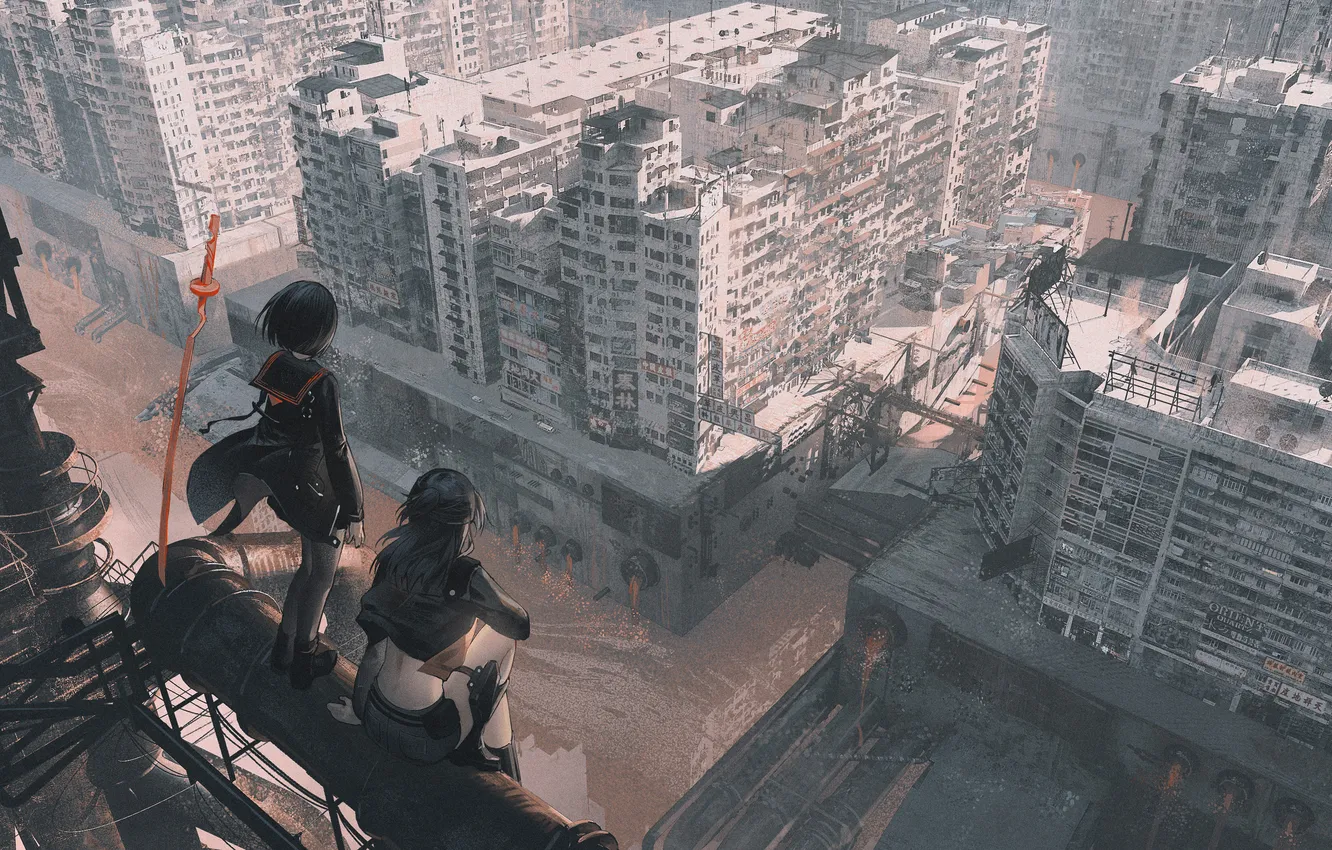 Photo wallpaper city, anime, fan art, ANIME STYLE, Anime Art, homutan1, armed girl