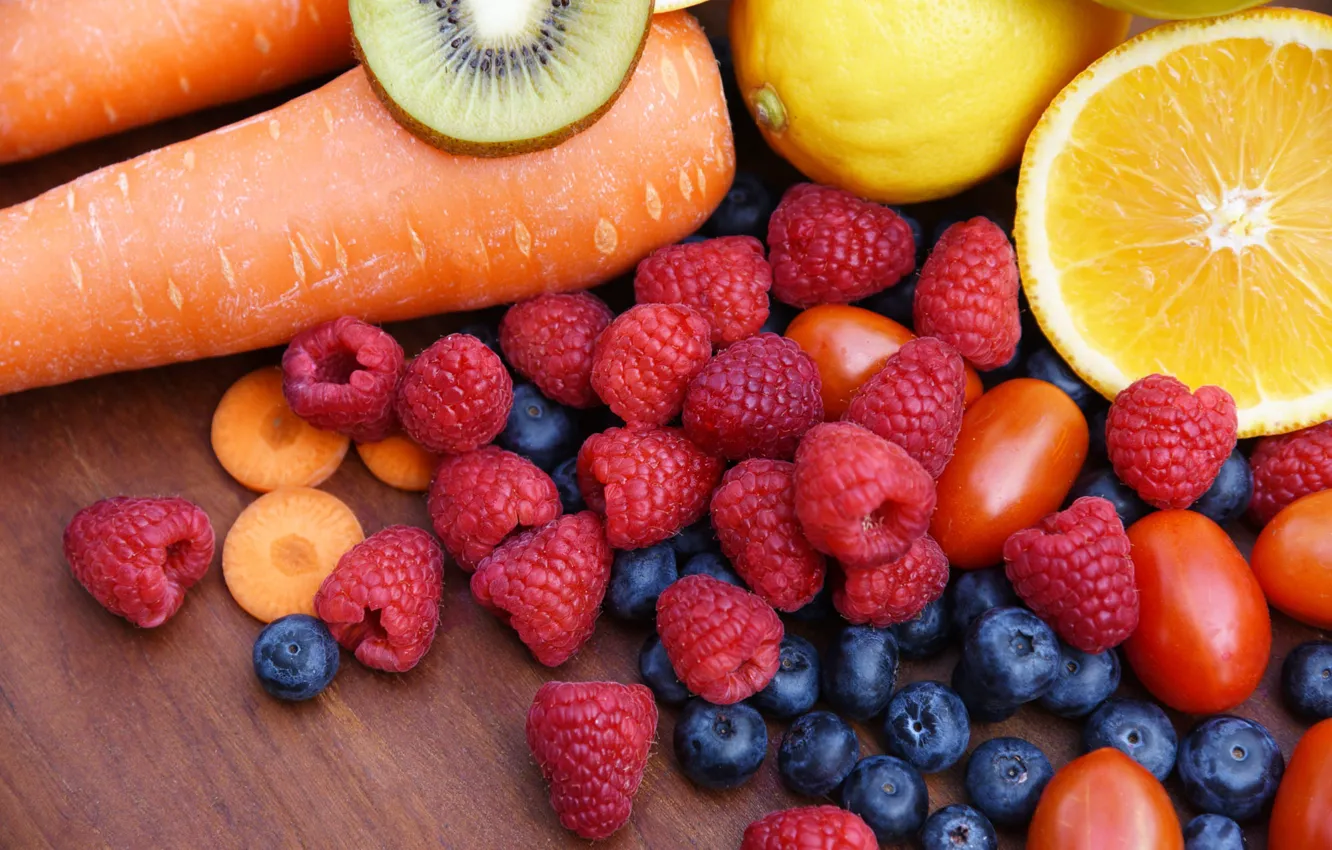 Photo wallpaper berries, raspberry, Board, kiwi, harvest, blueberries, fruit, vegetables