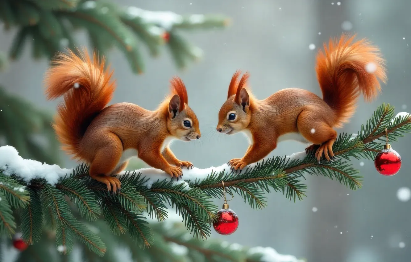 Photo wallpaper winter, forest, look, balls, snow, branches, new year, spruce