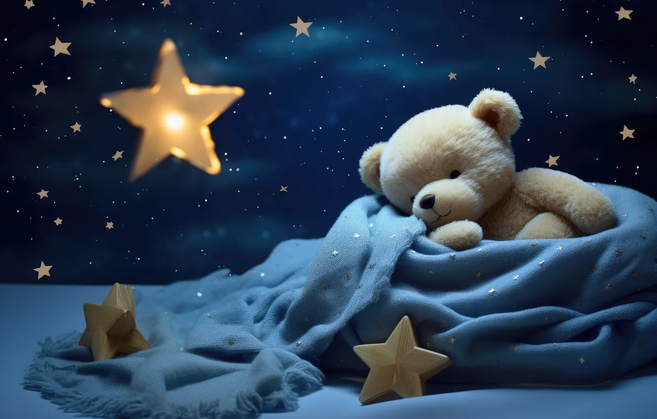 Photo wallpaper stars, pose, comfort, toy, sleep, blanket, bear, bear