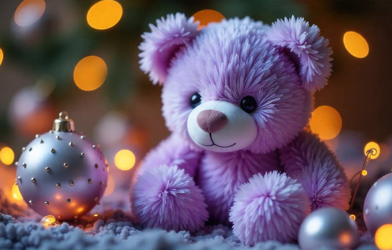 Photo wallpaper balls, lights, toy, new year, Christmas, bear, bear, face