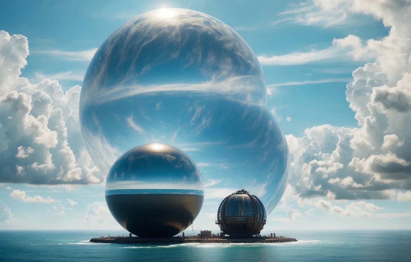 Photo wallpaper fiction, another world, clouds, sphere