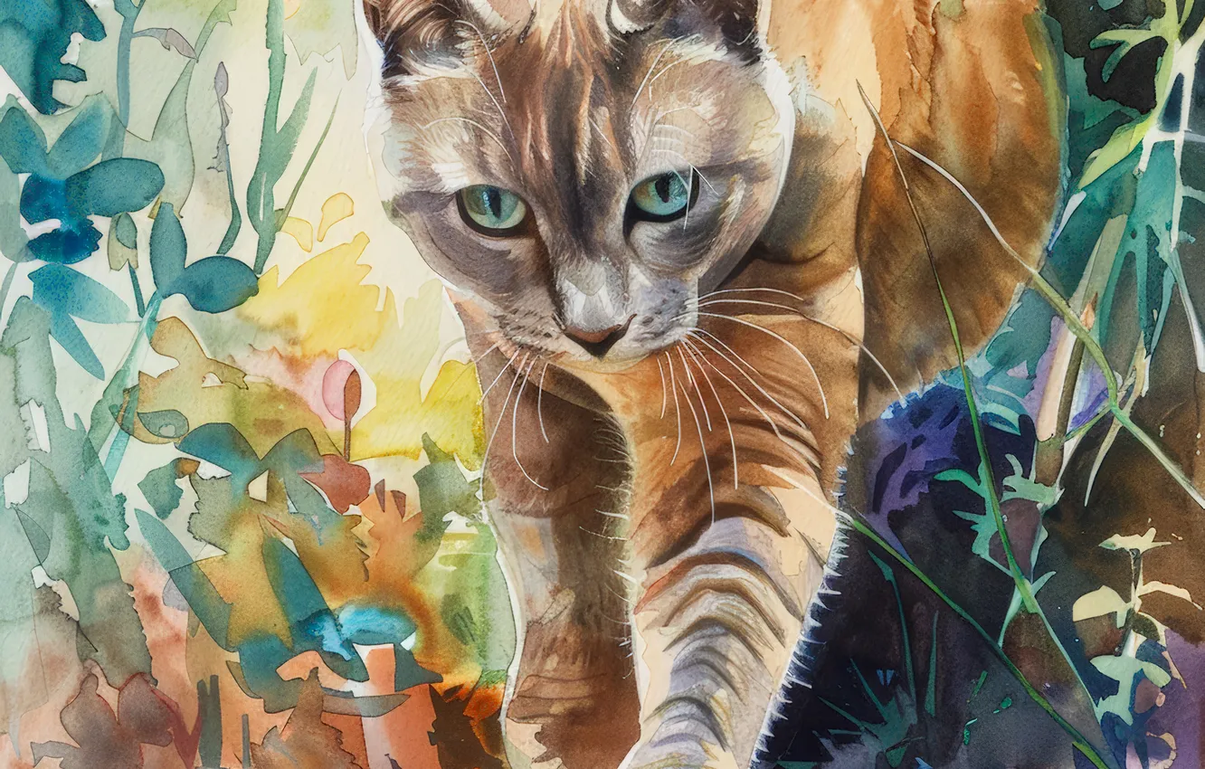 Photo wallpaper cat, grass, cat, mustache, face, art, digital art, imitation painting