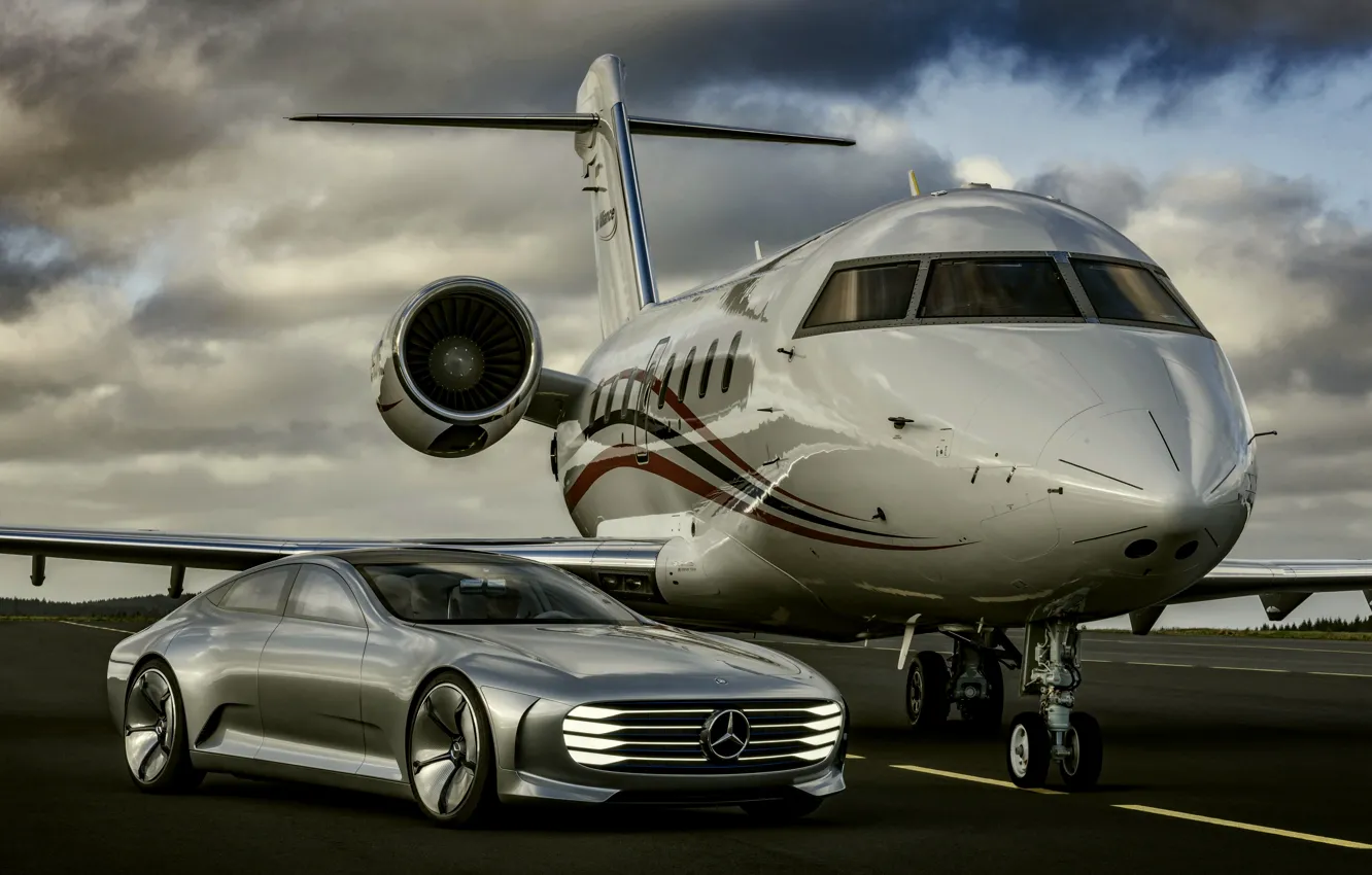 Photo wallpaper Mercedes-Benz, 2015, Intelligent Aerodynamic Automobile, Concept IAA, near the plane