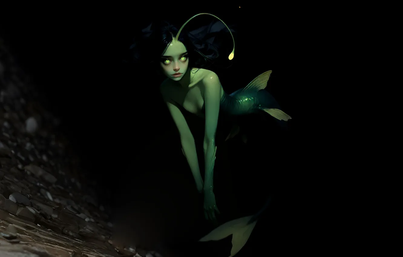 Photo wallpaper mermaid, scales, mermaid, blue skin, in the dark, the depth of the sea