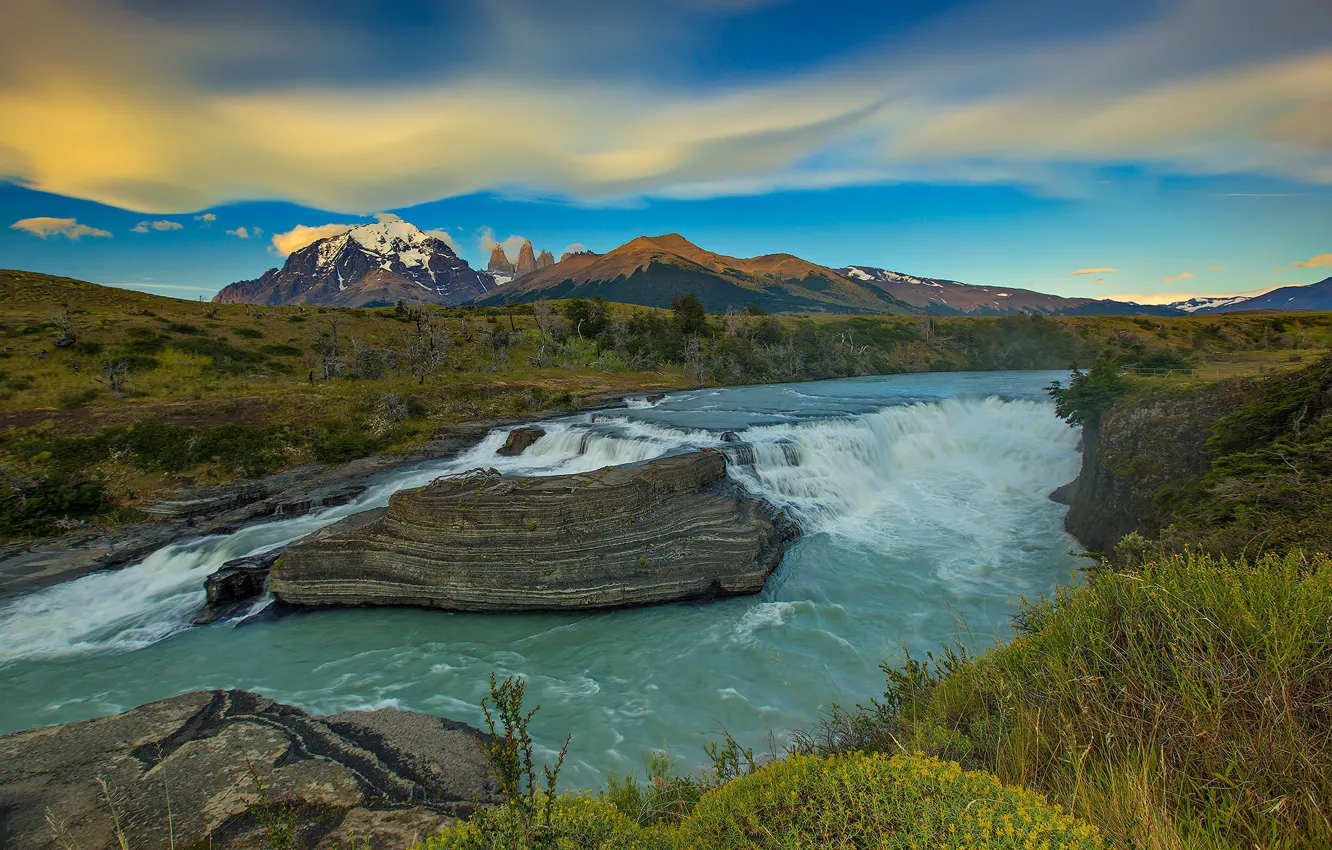 Photo wallpaper clouds, mountains, river, Chile, Patagonia, National Park Torres del Paine