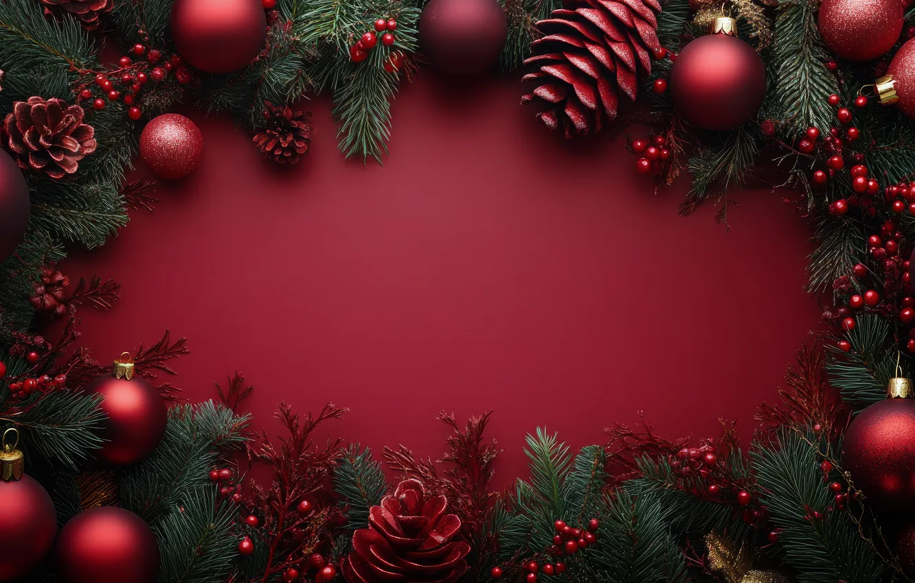 Photo wallpaper balls, branches, holiday, new year, fruit, Christmas, needles, bumps