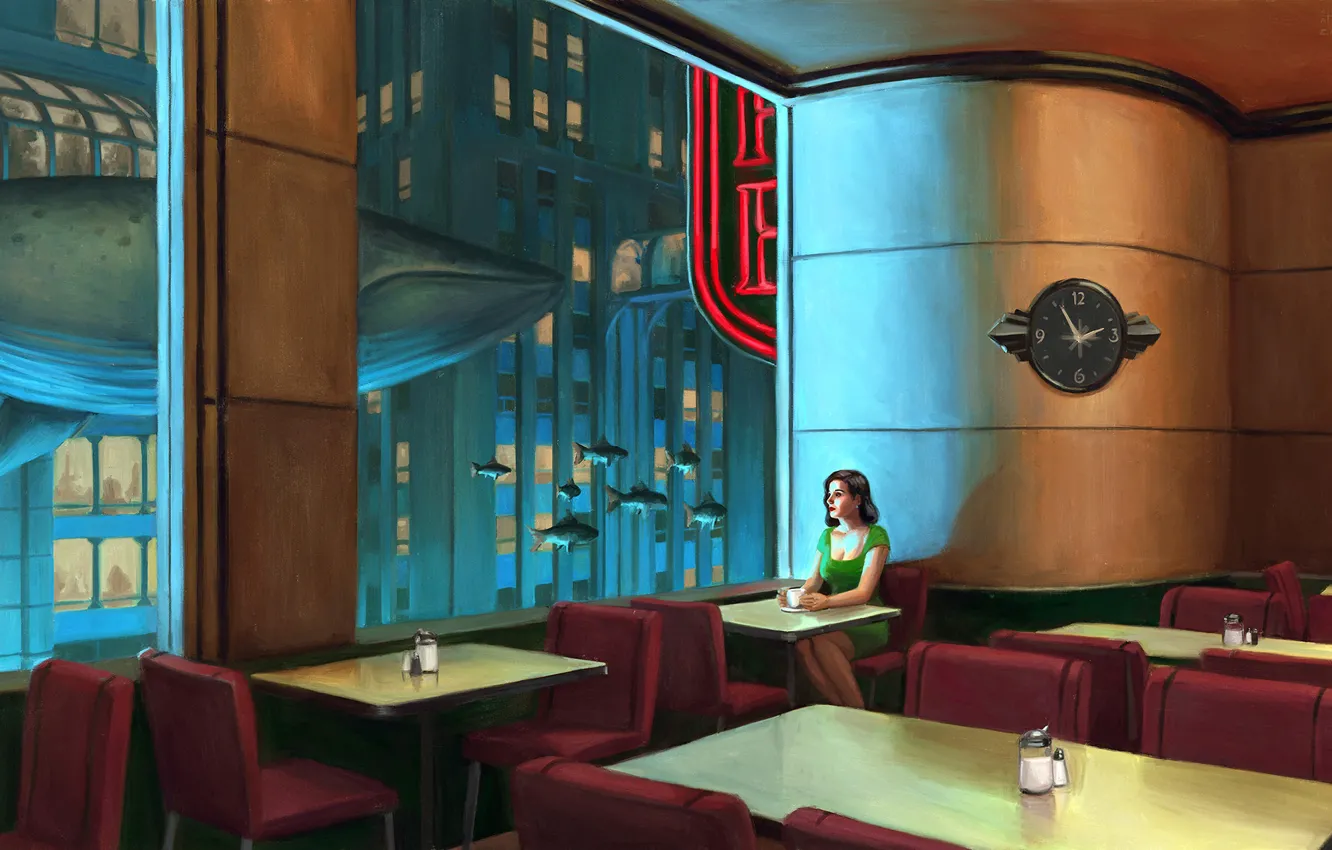 Photo wallpaper girl, the city, house, coffee, fish, art, kit, bioshock