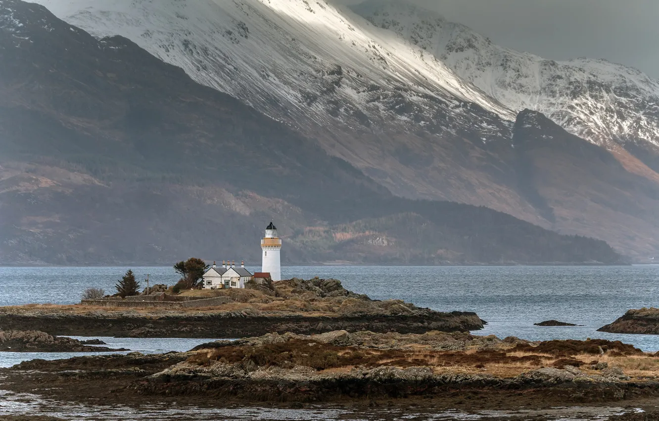 Photo wallpaper mountains, lighthouse, Scotland, Bay, Ornsay