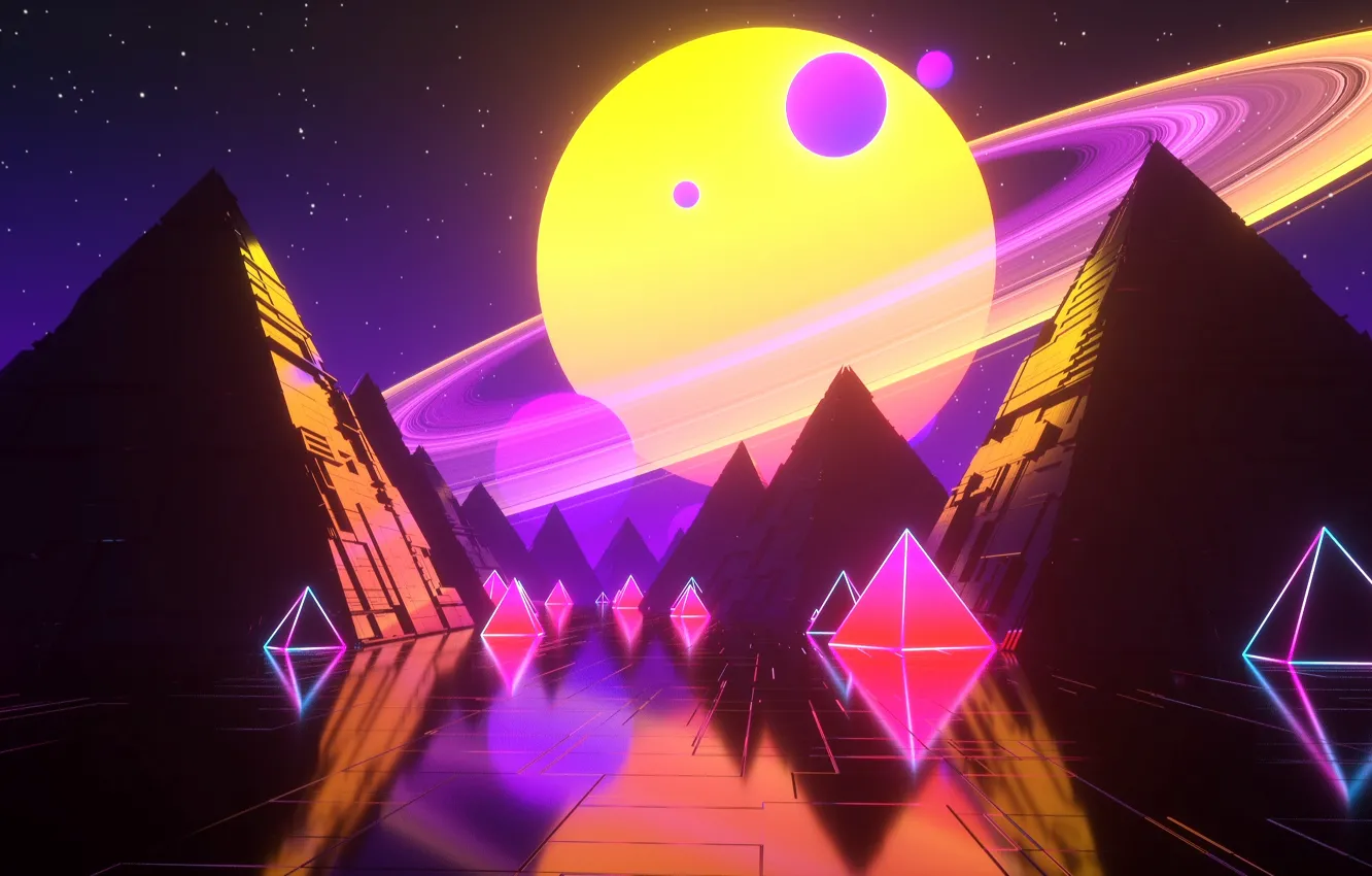 Photo wallpaper space, stars, music, background, planet, pyramid, Neon, Synth