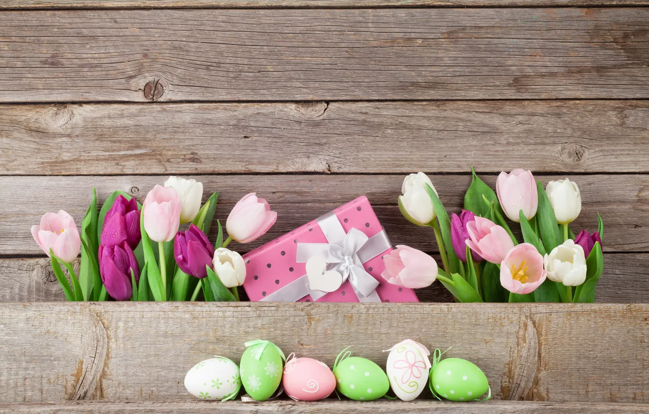 Photo wallpaper flowers, eggs, spring, colorful, Easter, wood, pink, flowers