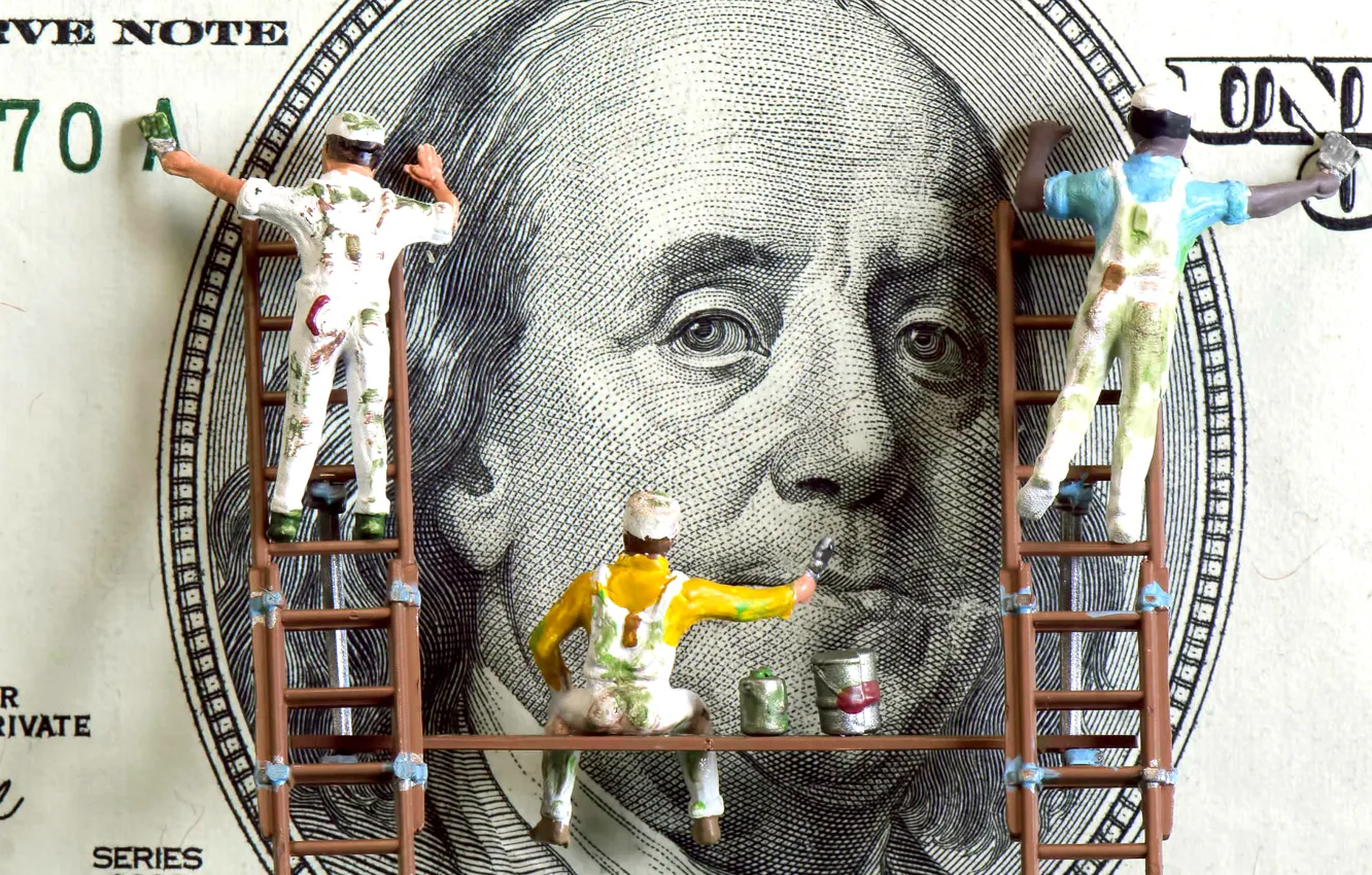 Photo wallpaper money, humor, dollar, working, stairs, bill, Franklin, painting