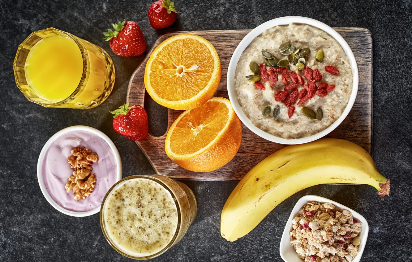 Photo wallpaper berries, Breakfast, strawberry, fruit, nuts, oatmeal