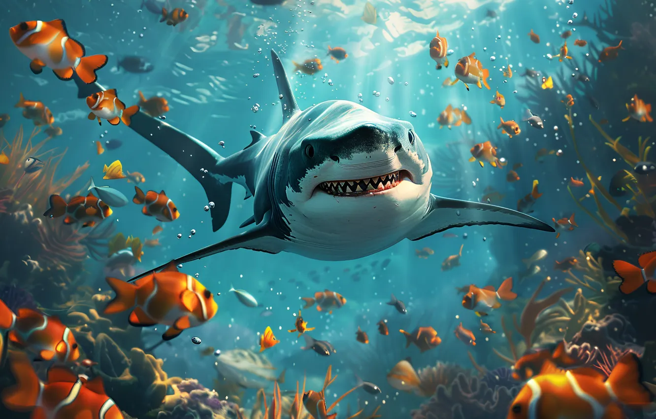 Photo wallpaper fish, predator, shark, underwater world, front, digital art, AI art, The Art of Artificial Intelligence
