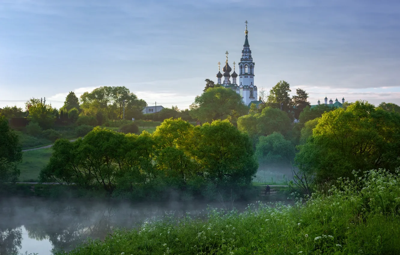 Photo wallpaper summer, landscape, nature, fog, village, morning, Church, river
