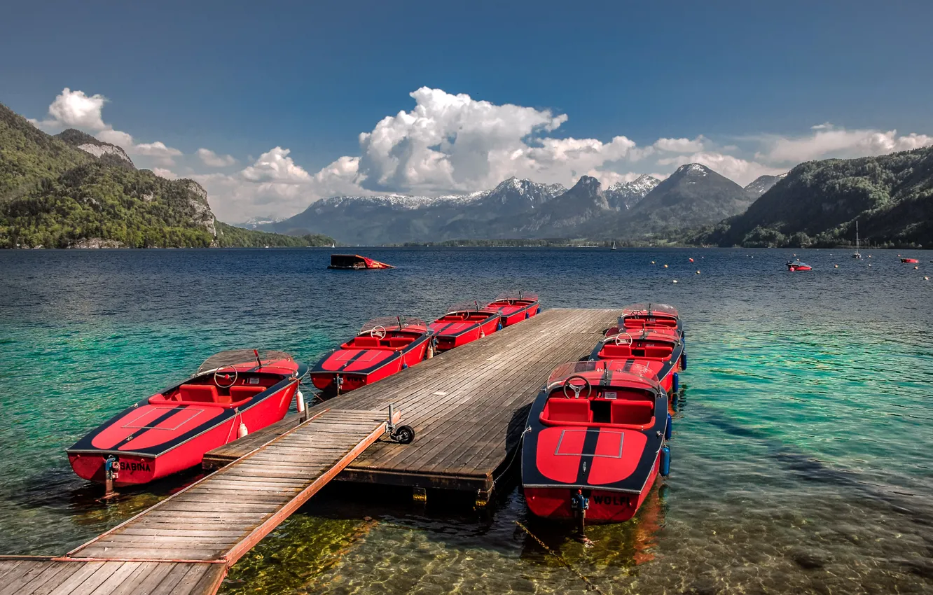 Photo wallpaper clouds, mountains, lake, boats, Austria, pier, red, Sunny