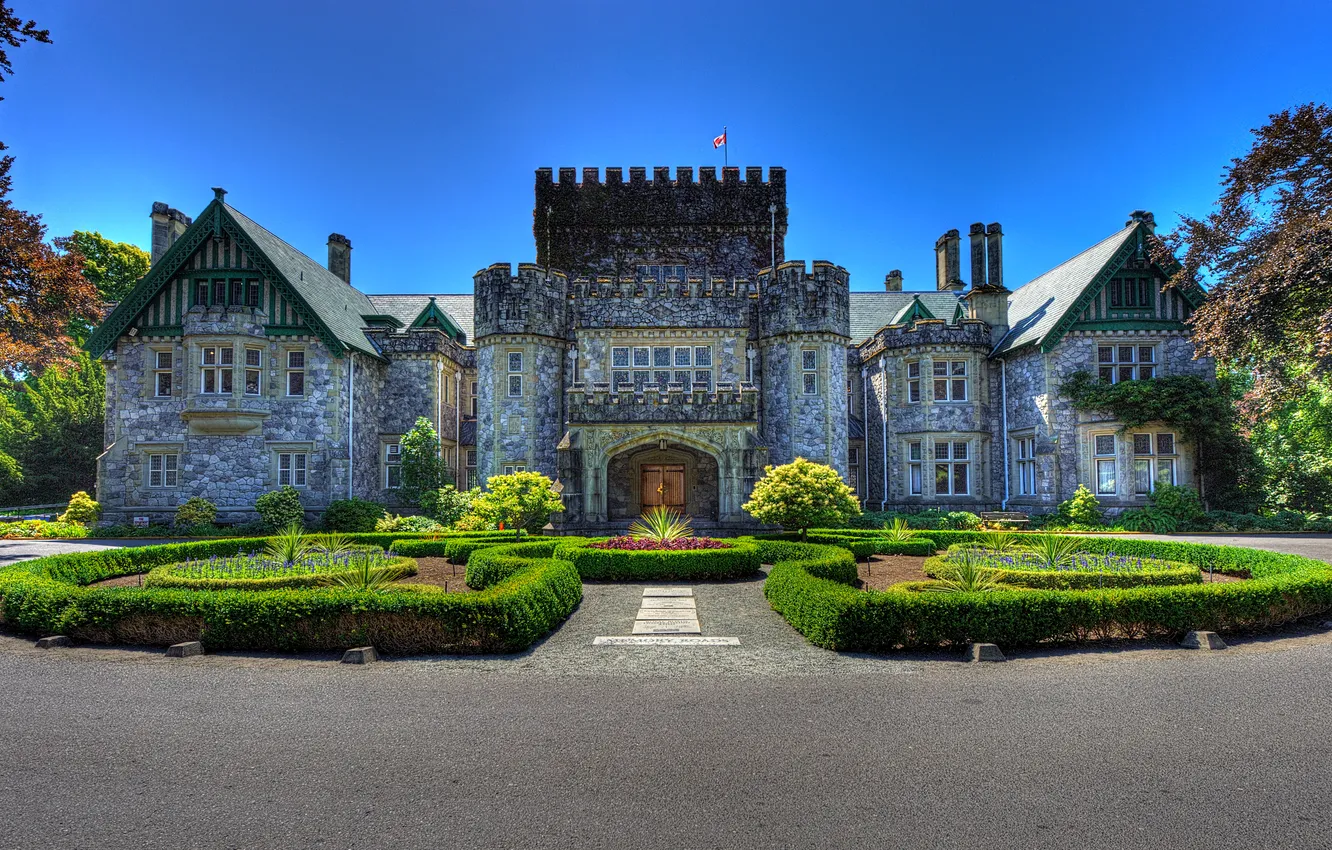 Photo wallpaper the sky, the sun, trees, flowers, design, castle, Canada, the bushes